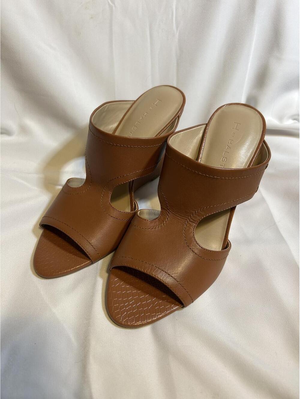 H by Halston Holly Brown Leather Wedge Slide Heels Womens Size 7M